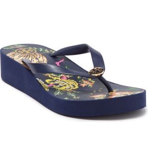 New Tory Burch Navy Happy Times Wedge Flip Flops Sandals Size 8